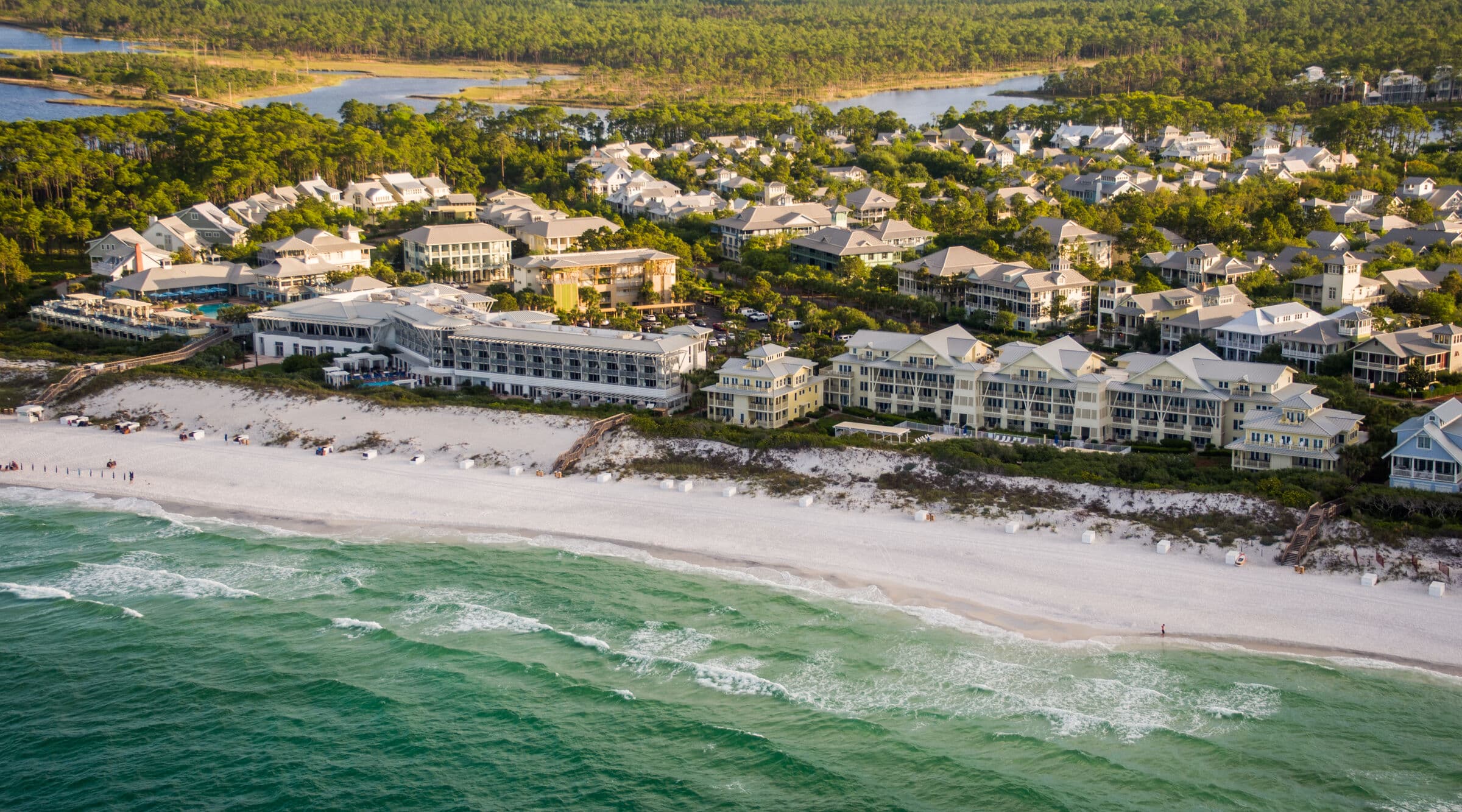 WaterColor beachfront and the emerald Gulf from above