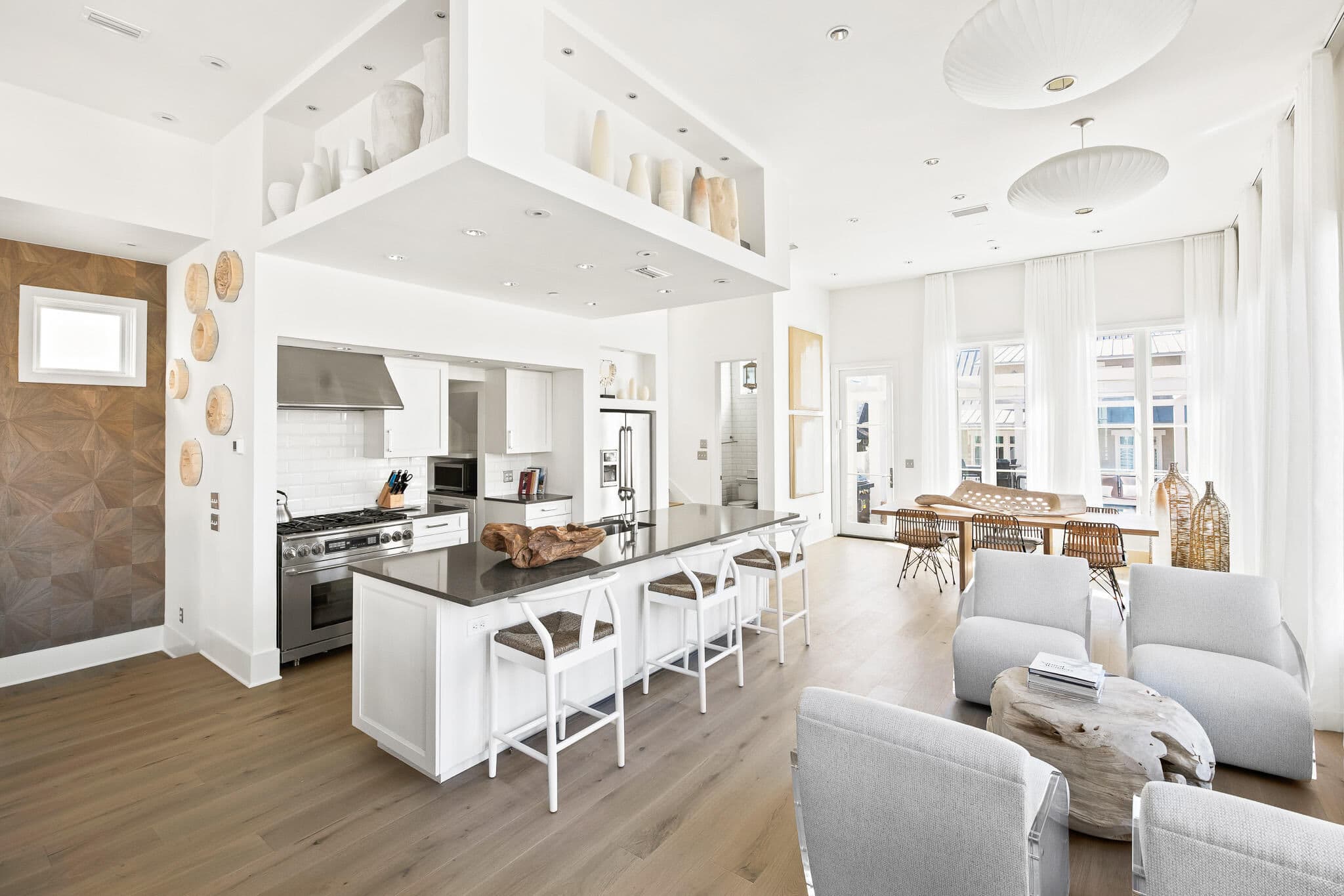 Open kitchen and living room in a Rosemary Beach home
